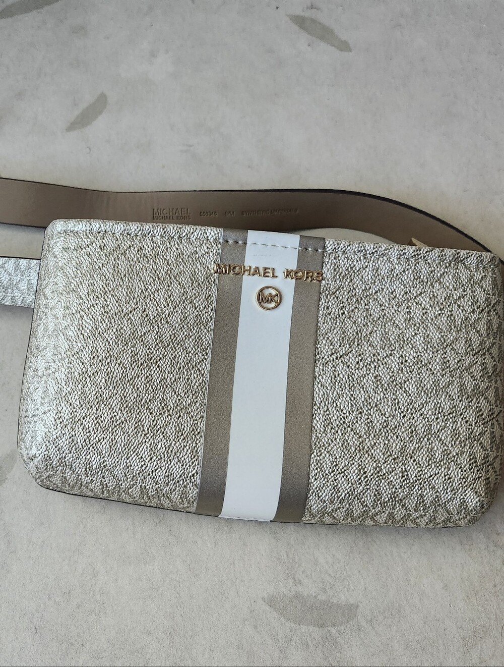 Michael Kors Gold Metallic Crossbody with White and Tan Stripe